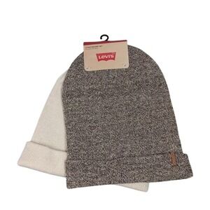 Levis Beanie Hat Set Mens One Size Brown Cream Knit 2 Pack Cuffed Winter